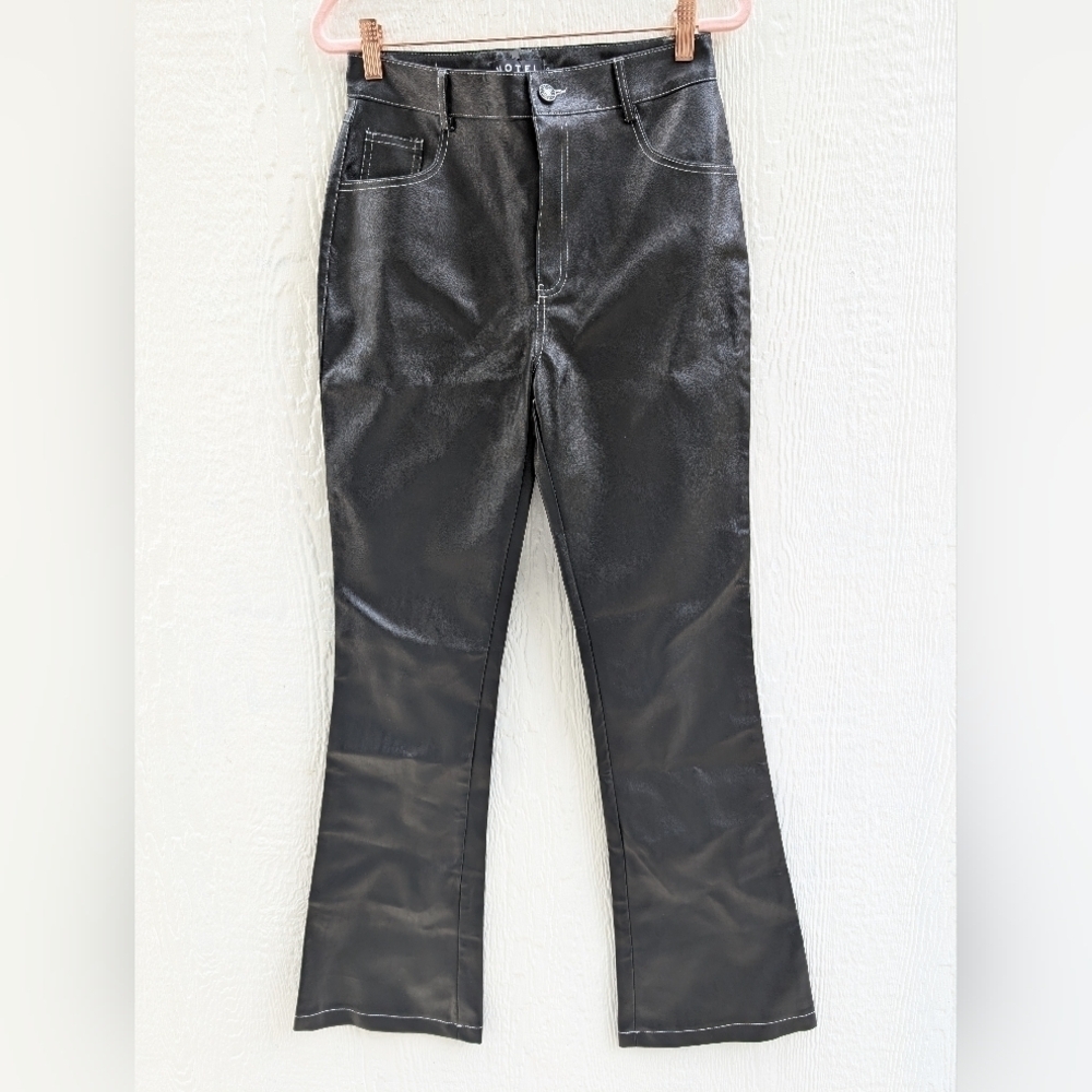 NWT MOTEL Rocks Zorea Trousers in PU Black with White Stitching Flare Pants Smal
